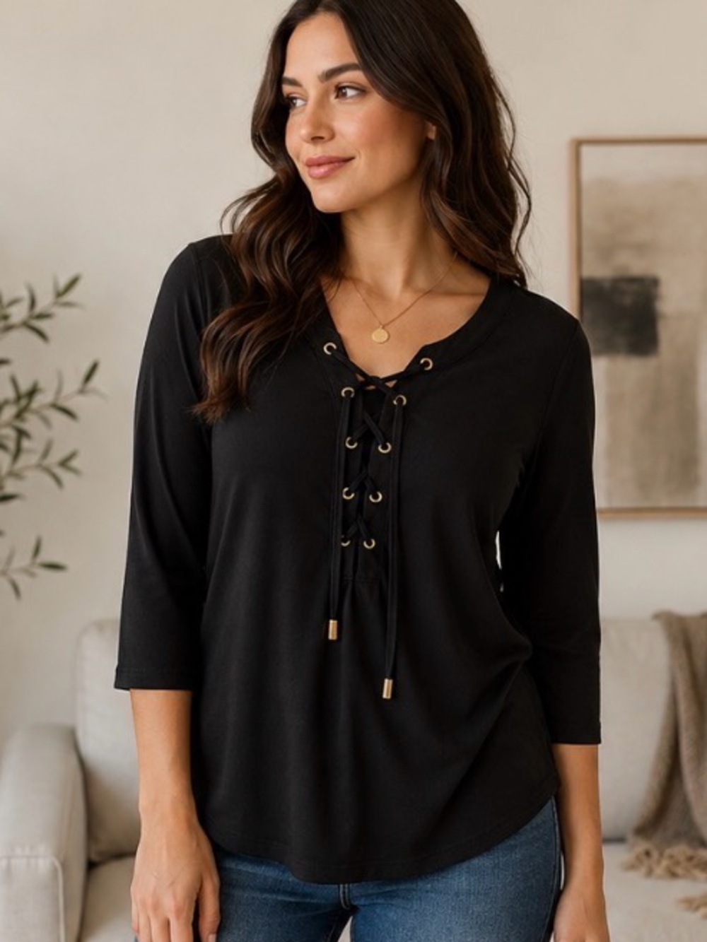 Calvin Klein Black Lace-Up 3/4 Sleeve Top – Medium